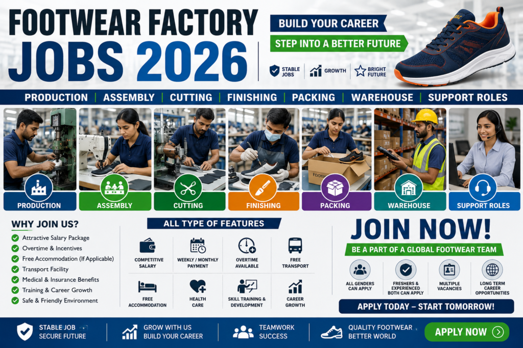 Footwear Factory Jobs 2026 – Production, Assembly, Cutting, Finishing, Packing, Warehouse & Support Roles